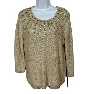 NWT Ruby Rd. Womens Sweater Size Petite PXL Gold Knit Beaded Sequin Pullover